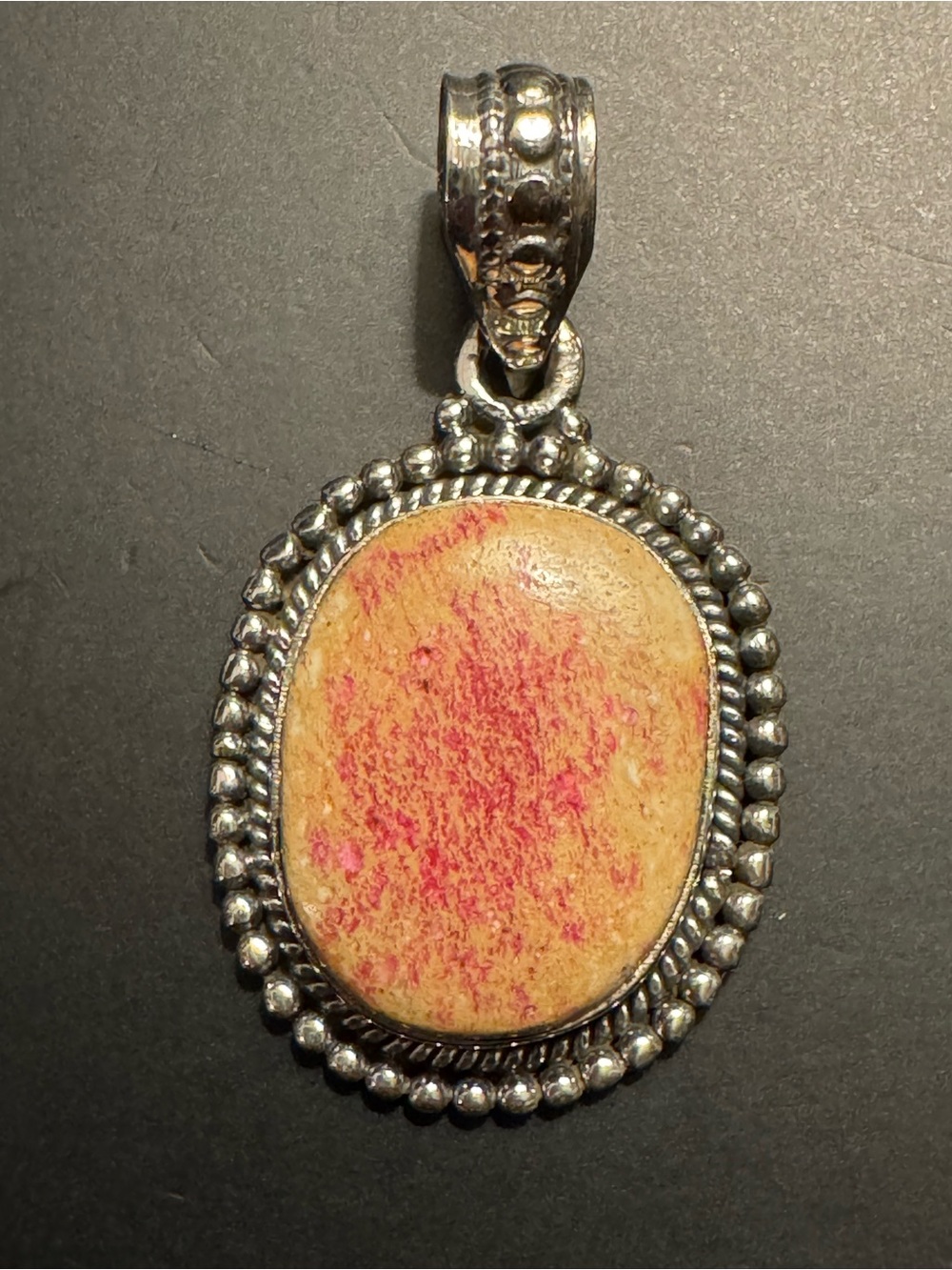 Sterling Silver 925 Pink Red Jasper Stone Ornate Pendant 1.25”